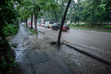 Flood on the road at night