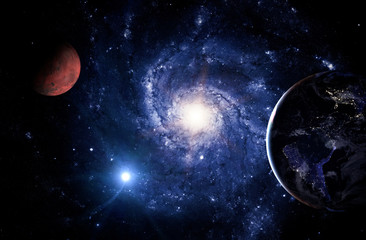 Planets of the solar system against the background of a spiral galaxy in space. Elements of this...