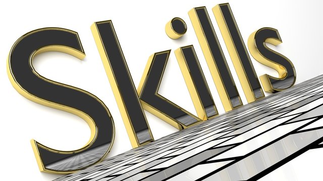 Skills sign in gold and glossy letters on a white background and a brick pattern floor for an interesting header for career concept with copy space. 3d Rendering - Illustration