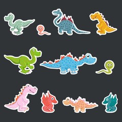 A set of labels. Prehistoric dinosaurs, carnivores and herbivores.