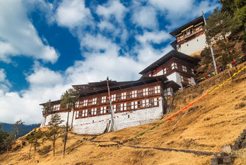 Naklejka premium Chagri Cheri Dorjeden Monastery, Buddhist monastery near capital Thimphu in Bhutan, Himalayas.