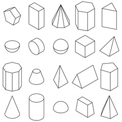 Set of 3D geometric shapes. Isometric views. Outline. Vector illustration