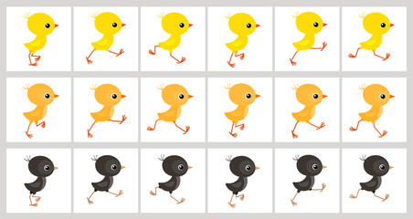 Running colorful chickens animation sprite sheet isolated on white background