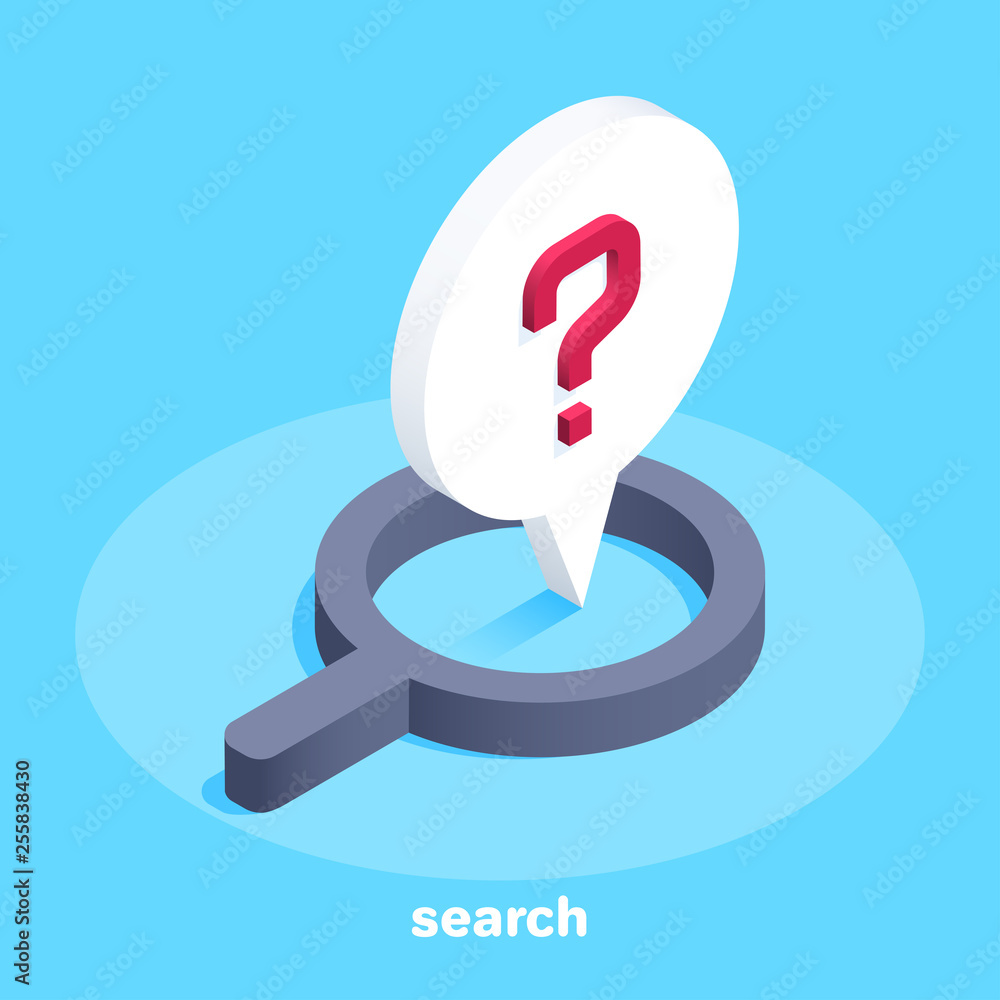 Poster isometric vector image on a blue background, business icon in the form of a magnifying glass and a q