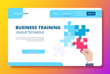 vector image on a gradient background, the hand of a business person holds a red puzzle, a business training landing