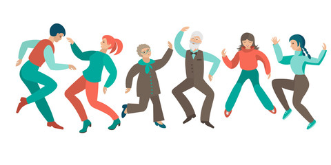 Dancers collection. Young, elderly and teenagers perform a dance. Male and female characters, isolated. A group of happy dancing people are enjoying a dance party. Flat vector illustration