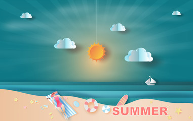 Paper art and craft of illustration summer sea view with sunlight,Summer time for swimming equipment,People