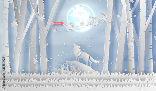 Illustration Of Paper Art Wolf Howling On Mountain At Night