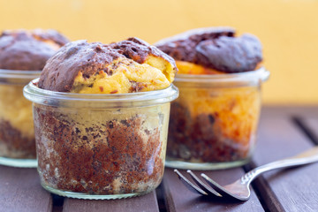 Homemade vegan chocolate cheesecake muffins baked in a jar