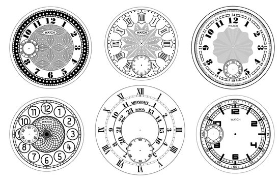 Clock face blank set isolated on white background. Vector watch design. Vintage roman numeral clock illustration. Black number round scale.