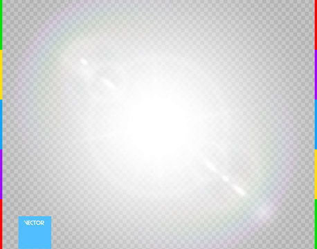 Vector sun. Glow transparent sunlight special lens flare light effect. Isolated flash rays and spotlight. White front translucent background. Blur abstract decor element. Star burst with spark.