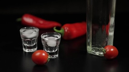 Cherry tomato roll up to two cups of vodka. Black background