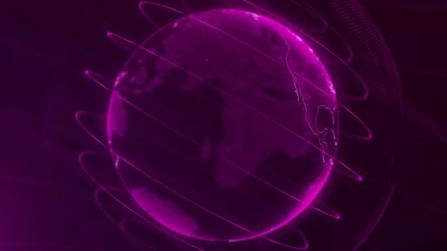 Pixel planet Earth animation. Animation of space with digital exploding Earth, Abstract world map background. Rotating globe, shining continents with accented edges