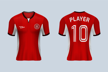 3D realistic mock up of front and back of red soccer jersey t-shirt kit. Concept for football team uniform or apparel mockup in vector illustration. - Vector 