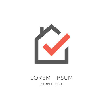 Real estate logo - home or house with chimney and check mark or tick symbol. Realty and property agency, construction or building industry vector icon.