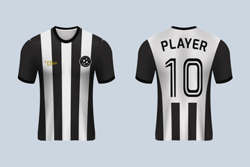 3D realistic mock up of front and back of Black and white soccer jersey t-shirt kit. Concept for football team uniform or apparel mockup in vector illustration. - Vector 