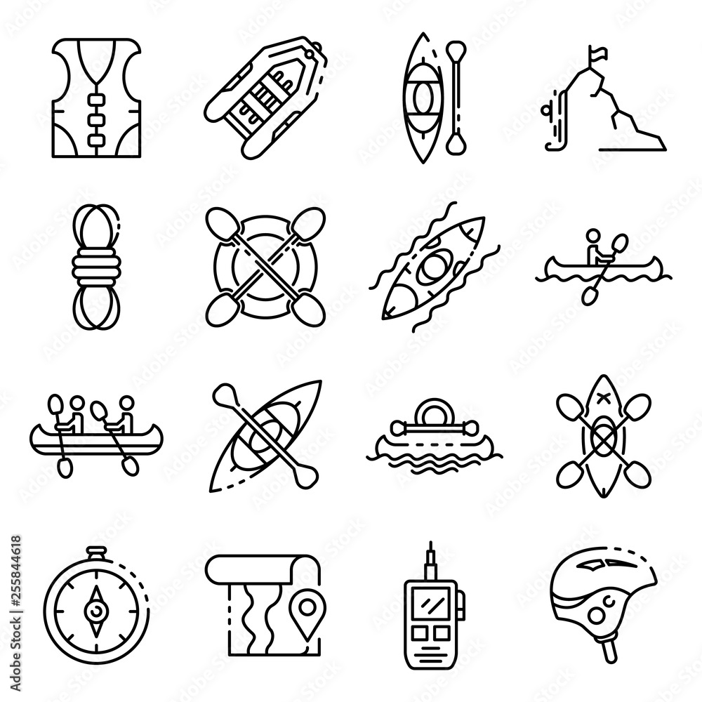 Poster canoeing icons set. outline set of canoeing vector icons for web design isolated on white background