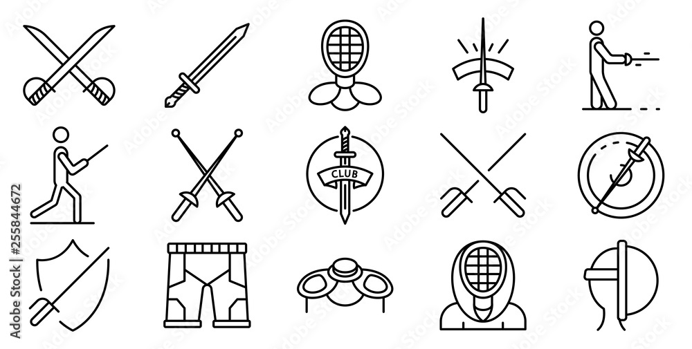 Poster fencing icons set. outline set of fencing vector icons for web design isolated on white background