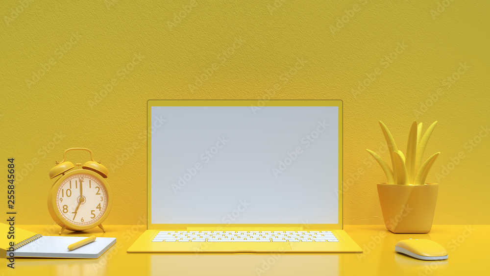 Poster minimal idea concept, laptop background on work desk yellow color and mock-up for your text with not