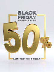 Black Friday Super Sales 50%, Discount Numbers 3d. Gold Sale Percentage Icon, 3d rendering isolated on white background.