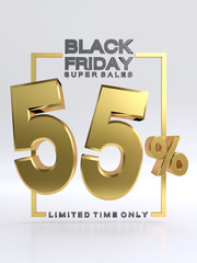 Black Friday Super Sales 55%, Discount Numbers 3d. Gold Sale Percentage Icon, 3d rendering isolated on white background.