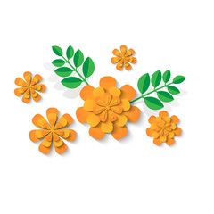 Сomposition of orange-yellow paper flowers with green leaves. Tagetes origami petals isolated on white background. Vector illustration of paper cut style.