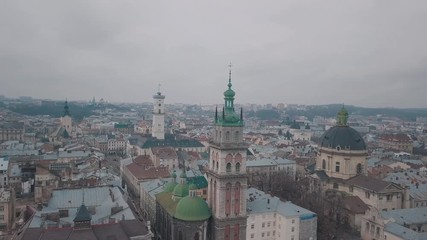 Aerial City Lviv, Ukraine. European City. Popular areas of the city. Dominican