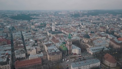 Aerial City Lviv, Ukraine. European City. Popular areas of the city. Dominican