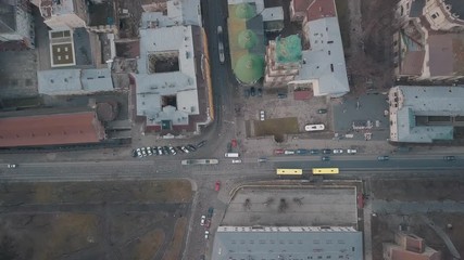 Aerial Overhead Car traffic. Rush hour. Old City Lviv, Ukraine