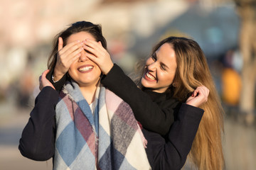 Young pretty girls best friends smiling and having fun