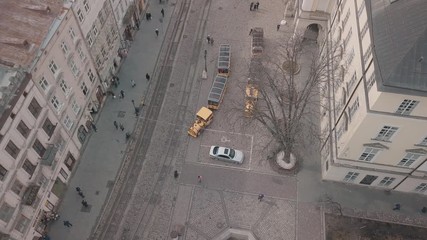 Aerial City Lviv, Ukraine. European City. Tourist tram rides down city center