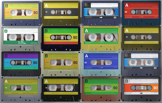 3d illustration a lot of retro and vintage audio cassettes or audio tapes in different colored labels