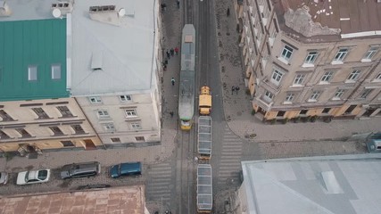 Aerial City Lviv, Ukraine. European City. Tourist tram rides down city center