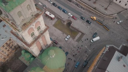 Aerial City Lviv, Ukraine. European City. Tourist tram rides down city center