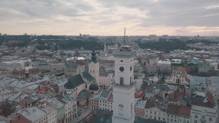 Aerial panorama of the ancient european city Lviv, Ukraine. Town Hall, Ratush