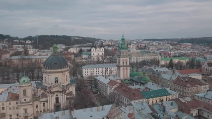 Aerial City Lviv, Ukraine. European City. Popular areas of the city. Dominican