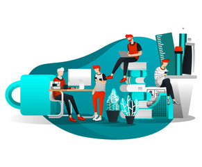 Vector Illustration For Web Page, Element, Banner, Presentation, Poster, Landing Page, Flyer, App. Group of Men who Working And Studying Together in Long Distance Using Internet. Flat Cartoon Style