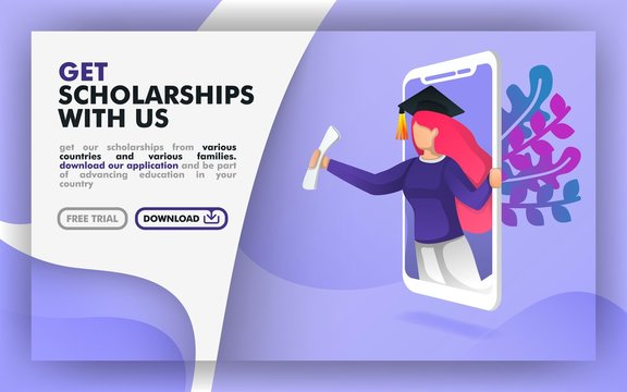 Vector Illustration Concept. Blue Website Banner About Scholarship Programs. Women With Toga Come Out Of The Smartphone. Suitable For Print, Online, Mobile Apps, Web, Landing Page. Flat Cartoon Style