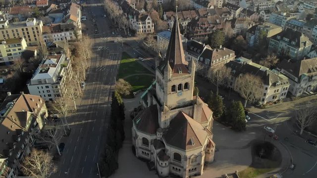 A Neo-Romanesque style St. Paul's Church in Basel, Switzerland at winter Aerial view of the Neo-Romanesque style St. Paul's Church in Basel, Switzerland at winter