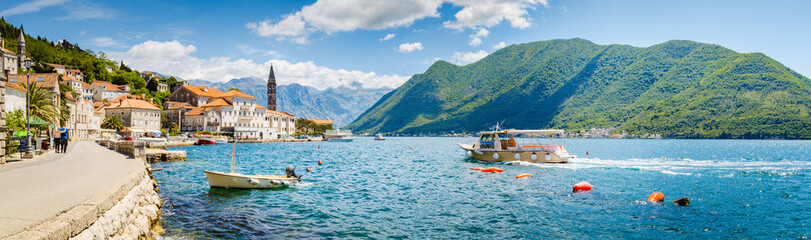 Historic town of Perast at Bay of Kotor in summer, Montenegro