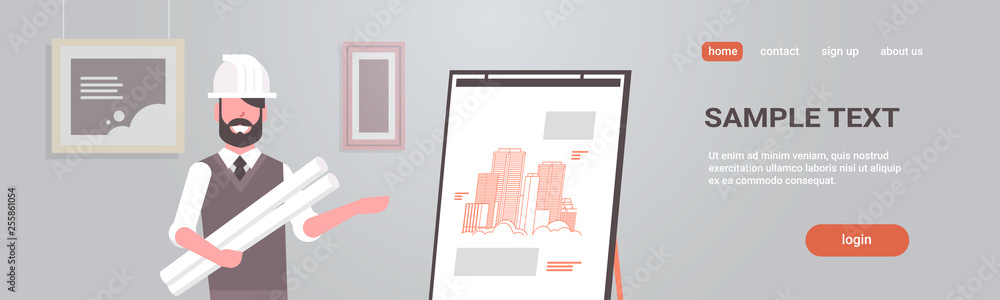 Poster man architect in helmet holding blueprints in rolls engineer showing new drawing building on easel b