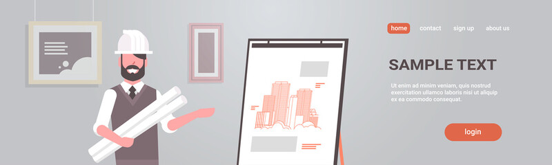 man architect in helmet holding blueprints in rolls engineer showing new drawing building on easel board panning project concept house blueprint horizontal portrait copy space