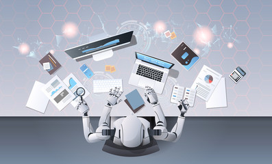 robot with many hands using digital devices at workplace desk office stuff working process top angle view artificial intelligence technology concept horizontal - obrazy, fototapety, plakaty