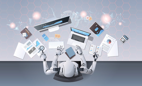 robot with many hands using digital devices at workplace desk office stuff working process top angle view artificial intelligence technology concept horizontal