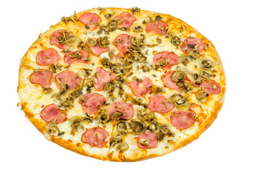 Tasty pizza with ham and mushrooms isolated on white background.