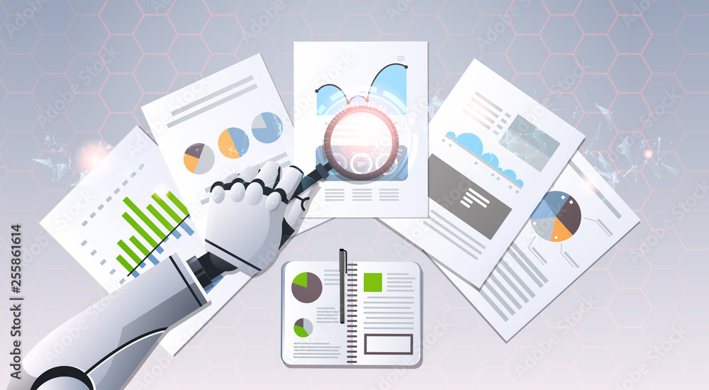 Poster robot hand holding magnifying glass financial graphs report data analysis top angle view artificial 