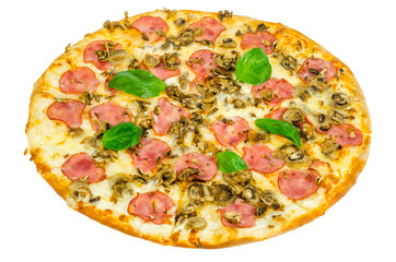 Tasty pizza with ham and mushrooms isolated on white background.