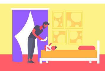 father cleaning up his baby son buttocks with wet napkin young man changing baby's diaper fatherhood childcare hygiene concept bedroom interior full length horizontal