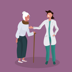 female doctor explaining prescription to senior patient physician supporting elderly woman with walking stick healthcare concept flat full length