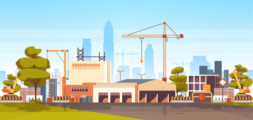 modern city construction site tower cranes building residential buildings cityscape skyline background flat horizontal banner